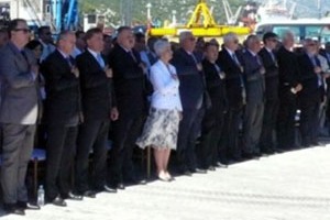 Ploce, Aug 18 2010 - with Prime Minister Kosor, the opening ceremony of the new container terminal was attended by (from left), members of the Croatian Parliament Frano Matusic and Branko Bacic, Bozidar Kalmeta, Minister of the Sea, Transport and Infrastructure, Ivan Suker, Deputy Prime Minister and Finance Minister, Luka Bebic, Parliament Speaker , Tomislav Batur, CEO of the Port of Ploce with associates and capt. Mario Babić, State Secretary for the Sea